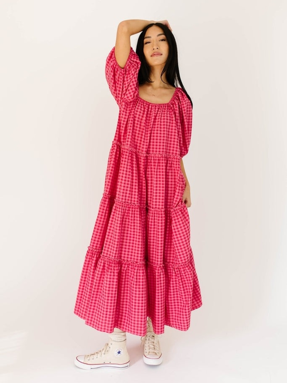 Pink Gingham Maxi Tiered Dress - Casual Women's Summer Dress